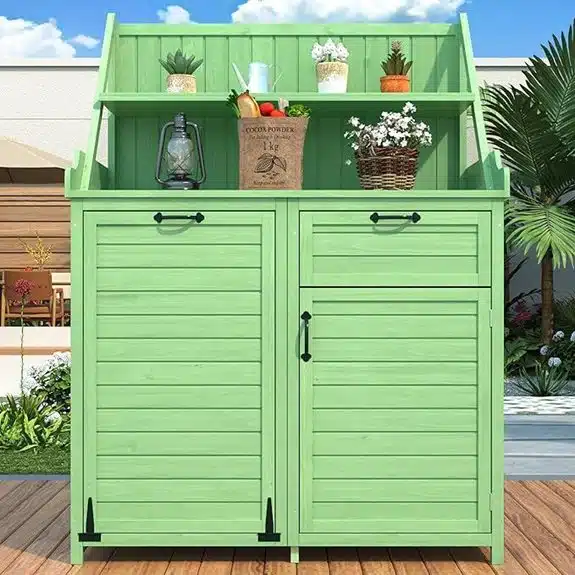 Die 15 besten Geräteschuppen aus Holz, die Ihre Werkzeuge sicher und trocken aufbewahren Fundament 8 Gartenschrank aus Holz mit Regalen (grün)